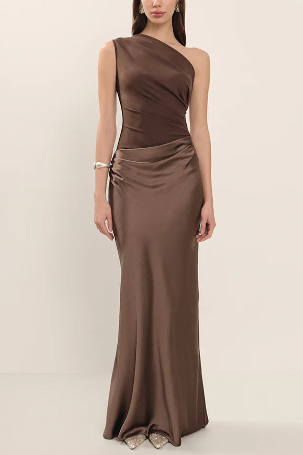 Kaia Satin Contrast Fabric Patchwork One Shoulder Ruched Maxi Dress – lilipretty