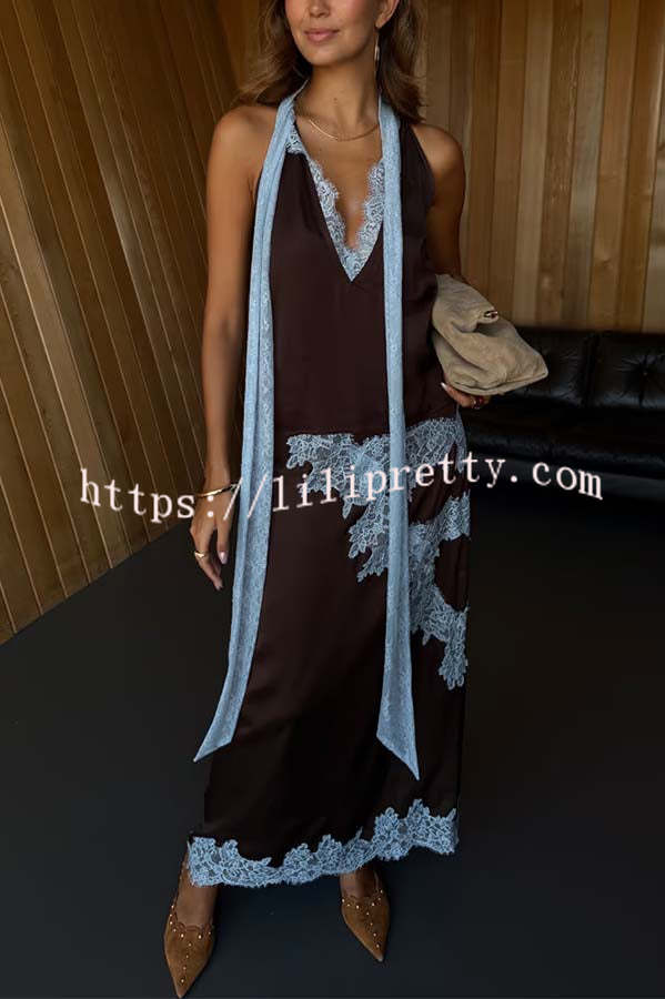 Sunday Social Contrast Color Satin Lace Trim Neck Strap Loose Tank
