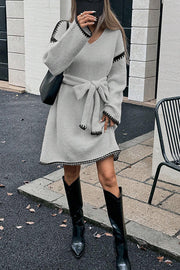 Stylish Loose-fitting Long-sleeved Tie-waist Knit Mini Dress