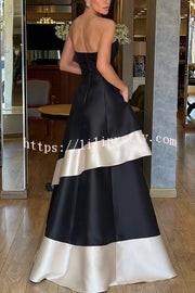 Vivian Satin Contrast Color Sweetheart Bandeau Neck Pocket Layered Maxi Dress