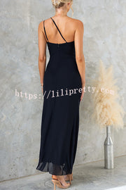 Fashion One-shoulder Pleated Sexy High Slit Slim Dress