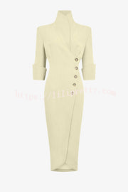 Elegant Look Linen Blend Stand Lapel Neck Half Sleeve Side Button Midi Dress