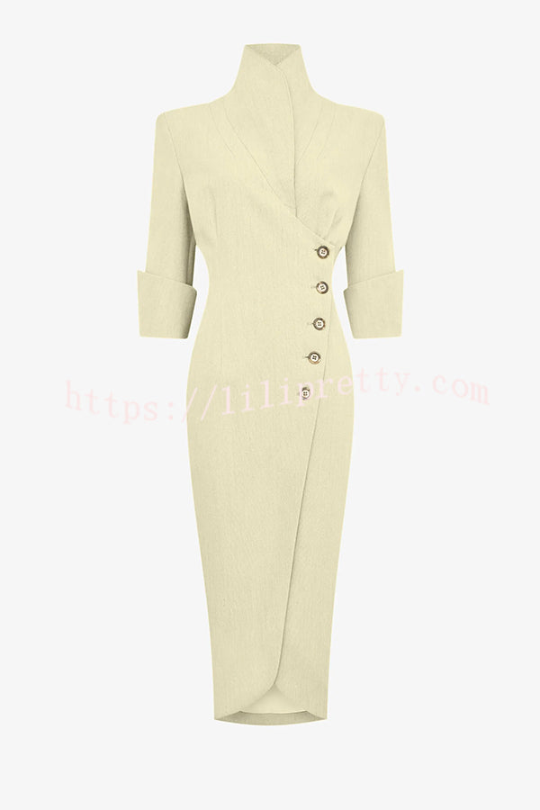 Elegant Look Linen Blend Stand Lapel Neck Half Sleeve Side Button Midi Dress