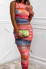 Locking Eyes Mesh Tie-dye Print Ruched Midi Dress