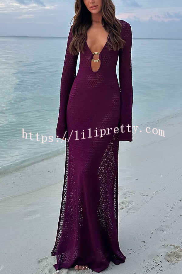 Seaside Goddess Crochet Knit Hollow Out Golden Ring Long Sleeve Cover-up Maxi Dress