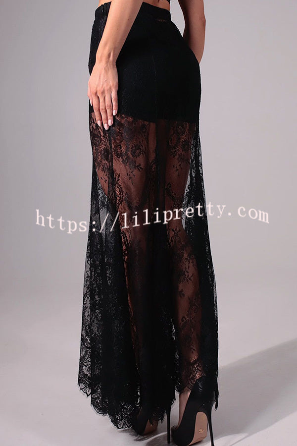 Perfect Party Lace Elastic Waist Contains Lining A-line Maxi Skirt