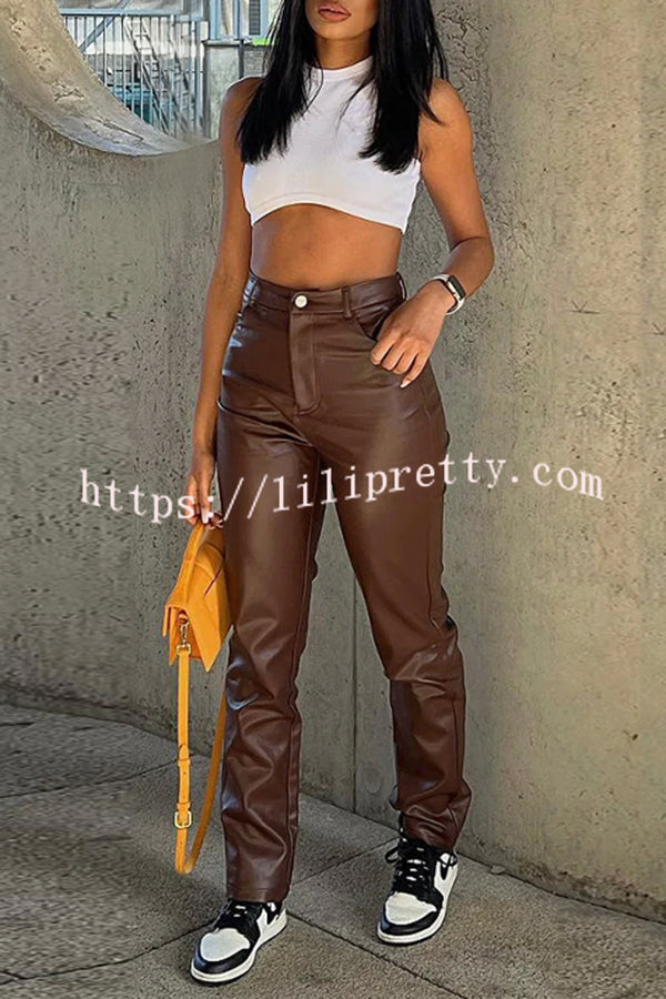 Lilipretty Solid Color Faux Leather Pocket High Waist Pants