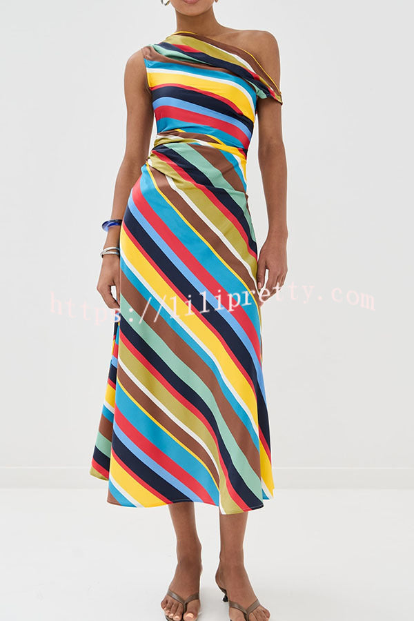 Sunkissed Satin Colourful Stripe Print One Shoulder Midi Dress