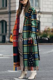 Fashionable Color-block Plaid Print Lapel Long-sleeved Casual Long Coat