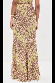 Moonlit Waltz Knit Jacquard Zigzag Print High Rise Stretch Flare Maxi Skirt