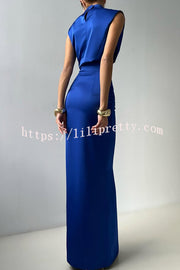 Solid Color Casual Sleeveless Crop Top and Elegant Button-down Maxi Skirt Set