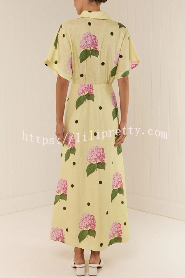 Jasmine Linen Blend Floral Polka Dot Wide Sleeve Shirt Maxi Dress