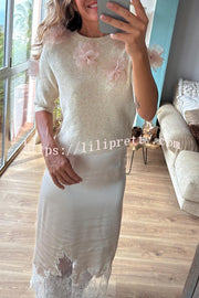 Alboran Knit Organza Flowers Detail Short Sleeve Loose Sweater