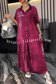Fashion Letter Print Lapel Cardigan Loose Maxi Dress