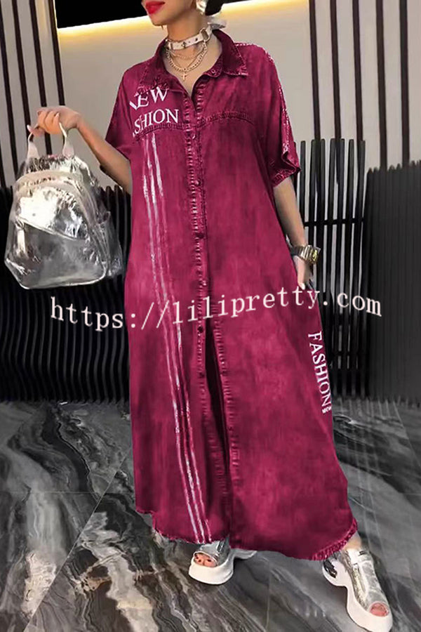 Fashion Letter Print Lapel Cardigan Loose Maxi Dress