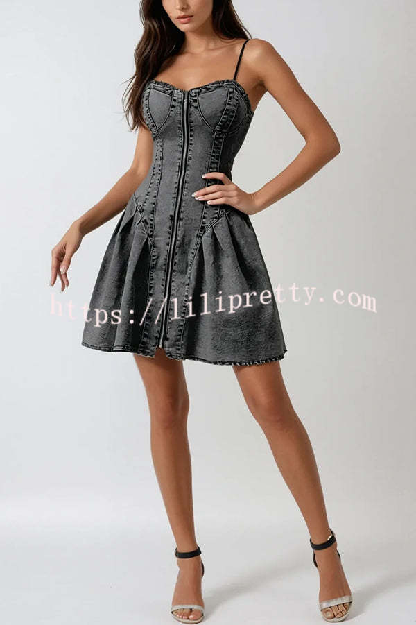 Fashionable Patchwork Suspender Zipper Slim Denim Mini Dress
