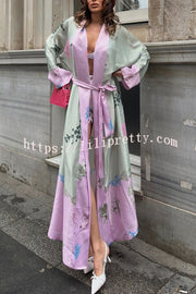 Karty Satin Unique Print Long Sleeve Belt Lapel Kimono Cover-ups