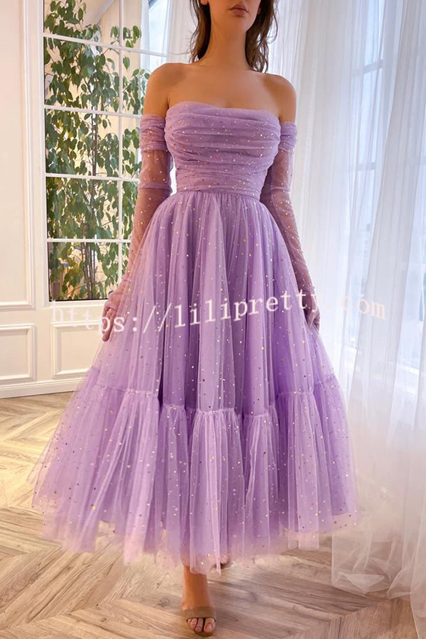 Lilipretty Romantic and Sweet Sequined Tulle Ruched Off Shoulder Layered Midi Dress