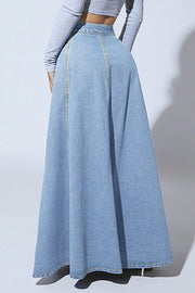 Fashion Metal Single-Breasted Casual Denim Maxi Skirt