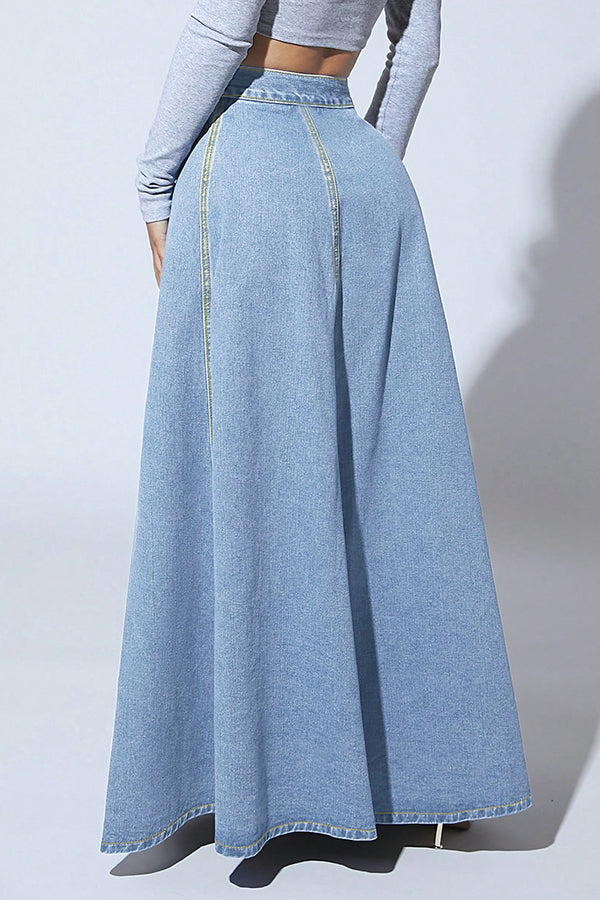 Fashion Metal Single-Breasted Casual Denim Maxi Skirt