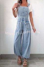 Fashion Casual Pocket Loose Wide-leg Adjustable Leg Cuffs Denim Overalls