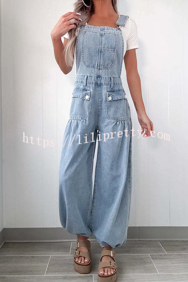 Fashion Casual Pocket Loose Wide-leg Adjustable Leg Cuffs Denim Overalls