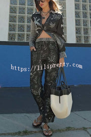 Black Magic Satin Unique Print Long Sleeve Blouse and Elastic Waist Pocket Wide Leg Pants Set