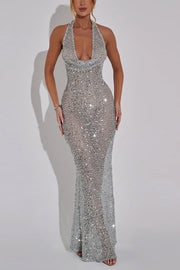 Shine All Night Sheer Sequin Cowl Neck Halter Maxi Dress