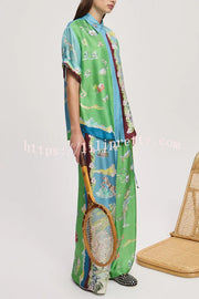 Unique Printed Lapel Short-sleeved Loose Shirt and Elastic Waist Tie Wide-leg Pants Set