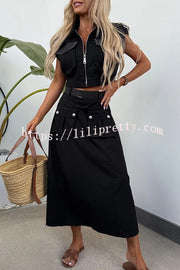 Athleisure Zipper Pocket Sleeveless Jacket and Belted Cargo Midi Skirt Set