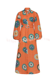 Linen Blend Unique Print Belted Single-breasted Casual Maxi Dress