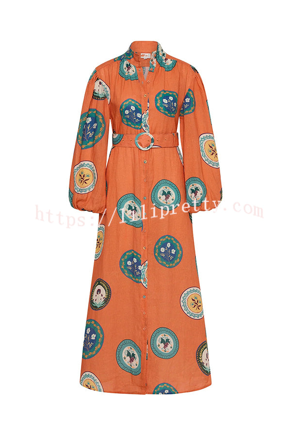 Linen Blend Unique Print Belted Single-breasted Casual Maxi Dress