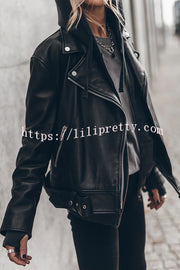 Lilipretty Rebellious Look Biker Style Faux Leather Metal Hardware Zip Pockets Relaxed Jacket