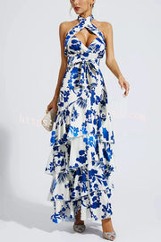 Lilipretty® Gorgeous Styling Botanical Print Halter Neck Open Back Tiered Hem Maxi Dress