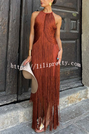 Fashion Sleeveless Halter Neck Elegant Tassel Slim Maxi Dress