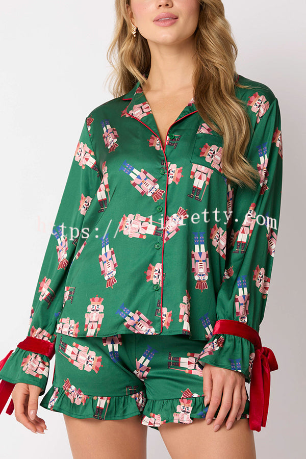 Christmas Fashion Printed Bow Tie Top and Elastic Waist Ruffle Shorts Set