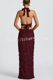 Myra Floral Burnout Jersey Fabric Halter Crop Tank and Ruched Maxi Skirt Set
