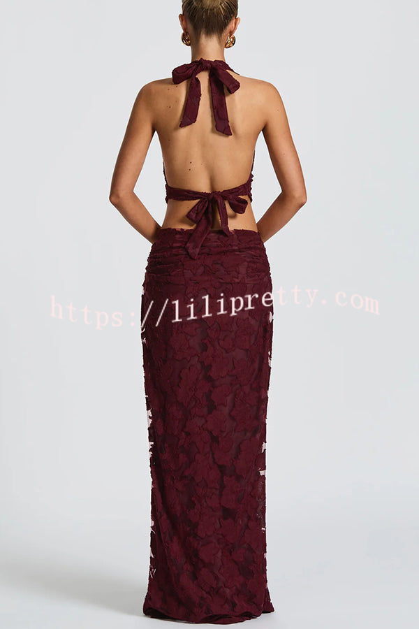 Myra Floral Burnout Jersey Fabric Halter Crop Tank and Ruched Maxi Skirt Set