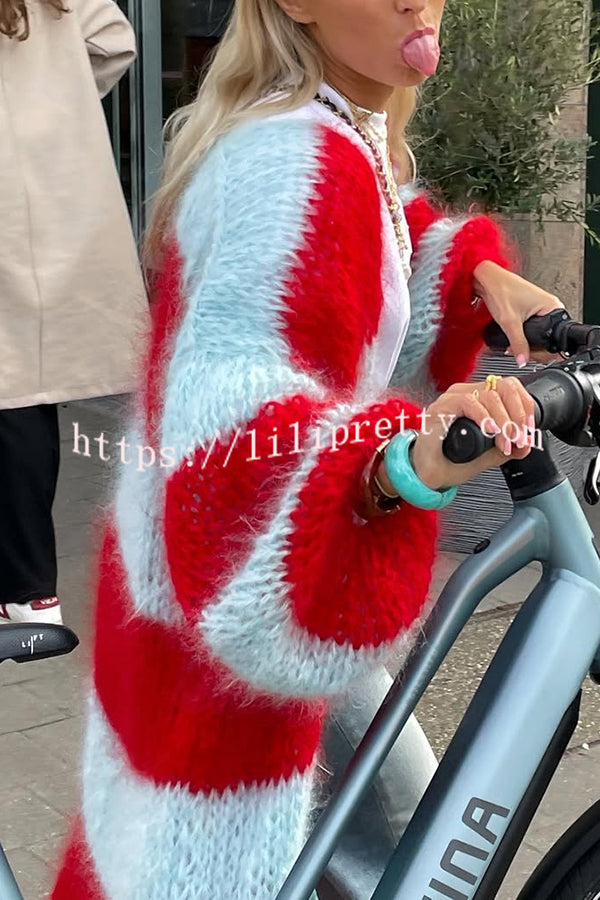 Fashionable Contrast Stripes Lazy Style Loose Long Knitted Cardigan