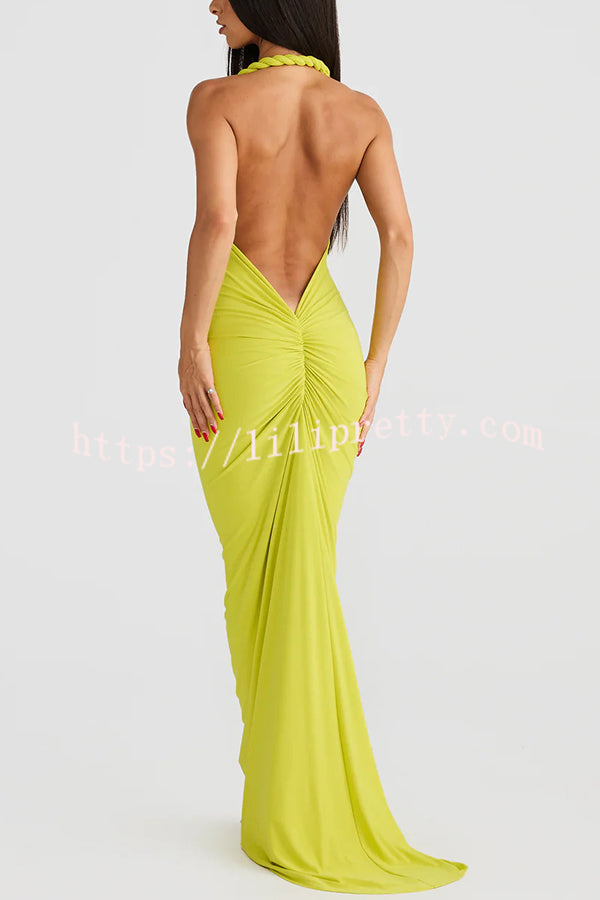 Everything You Want Rope Detail Backless Ruched Stretch Maxi Dress