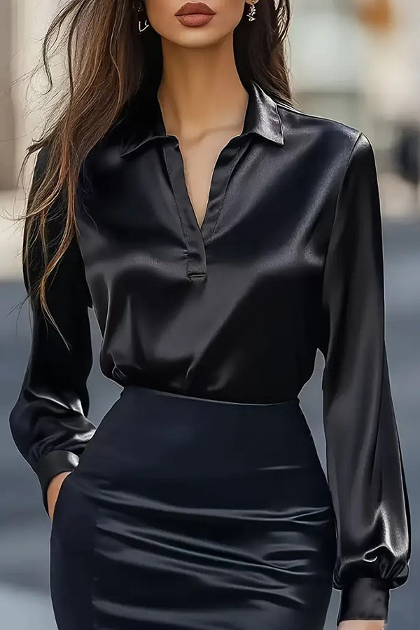 Solid Color Satin V-neck Long-sleeved Elegant Shirt