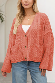 Solid Color Loose V-neck Long-sleeved Casual Pocket Knitted Cardigan