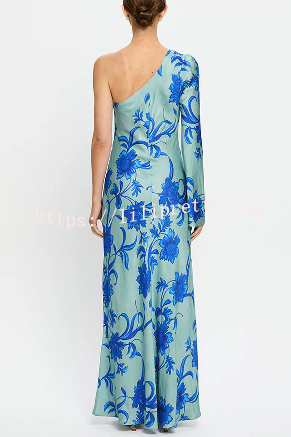 Satin Botanical Print One-Sleeve Resort Maxi Dress
