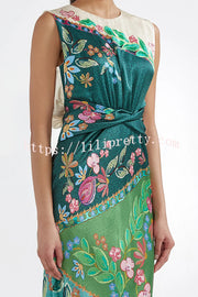 Gwen Satin Unique Print Round Neck Twisted Waist Maxi Dress