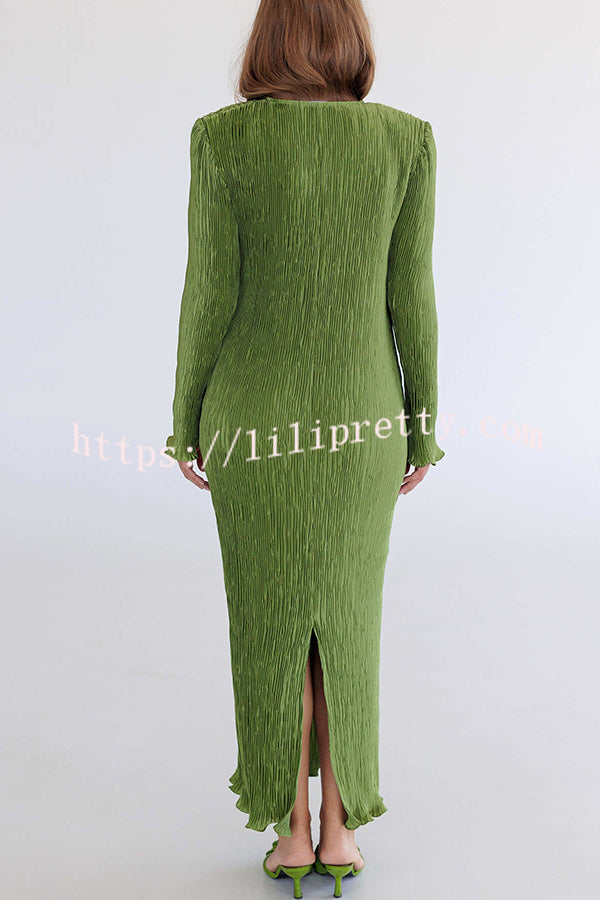 Hansin Satin Pleated Fabric Long Sleeve Wavy Trim H-line Slit Midi Dress