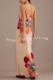 Charming Lady Satin Floral Print Bandeau Loose Maxi Dress