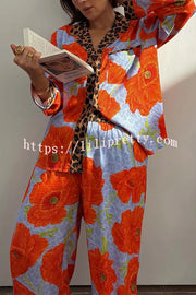 Color-block Poppy Leopard Print Trim Loose Shirt and Elastic Waist Pocketed Pajama Set