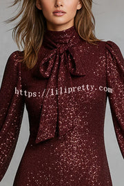 Gift for Me Sequin High Neck Bow Tie Long Lantern Sleeve Party Mini Dress