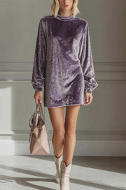 Solid Color Velvet Round Neck Long Sleeve Loose Mini Dress