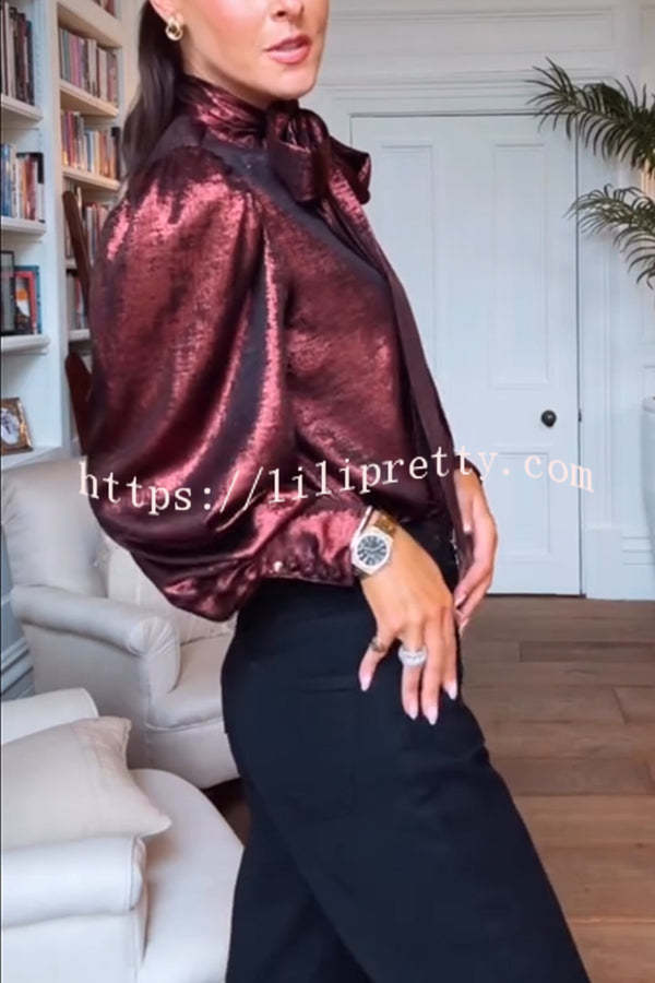 Ariella Metallic Satin Fabric Tie-up Bow Neck Long Sleeve Blouse